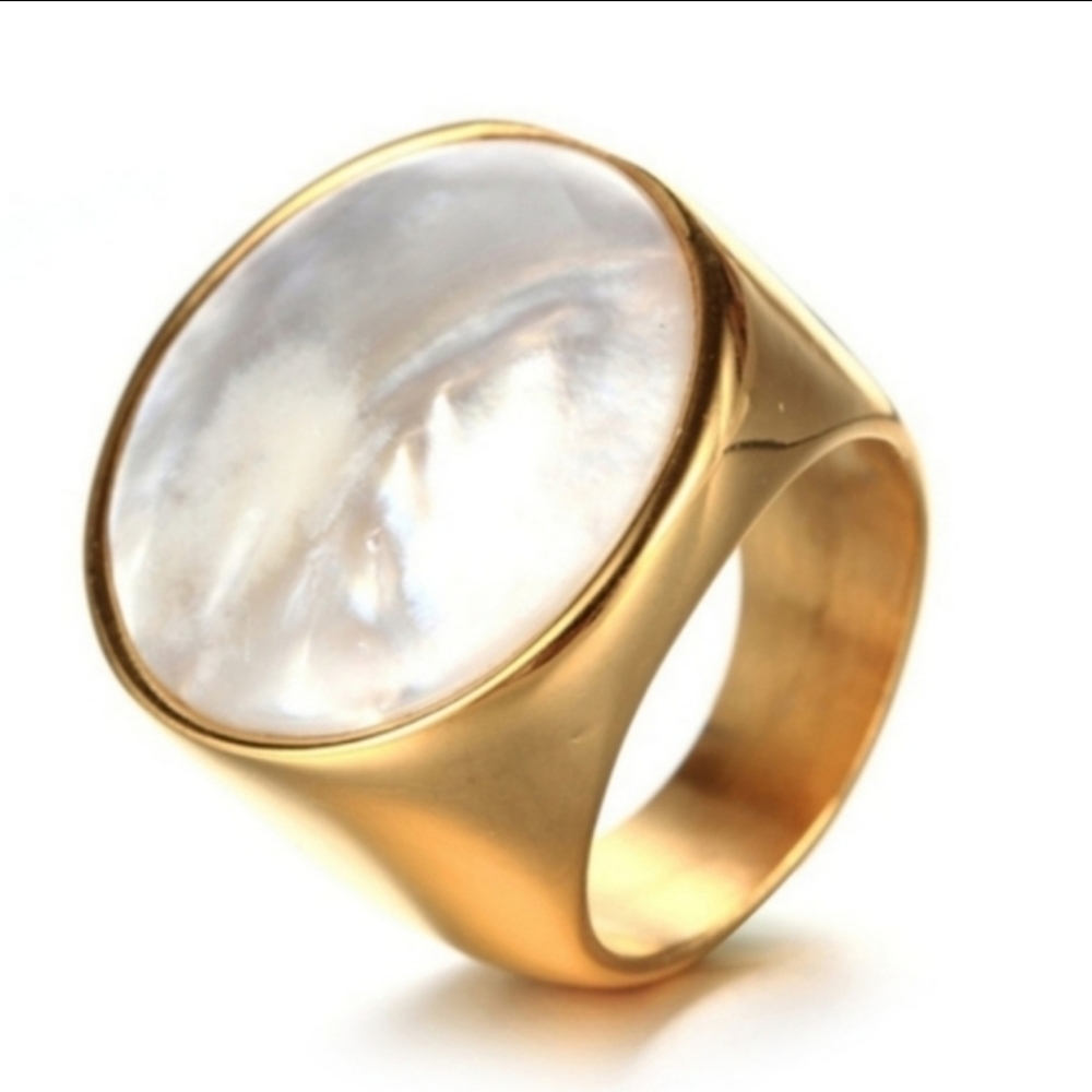 Mother Of Pearl Titanium Gold Plated Chunky Ring - Picture 12 of 16